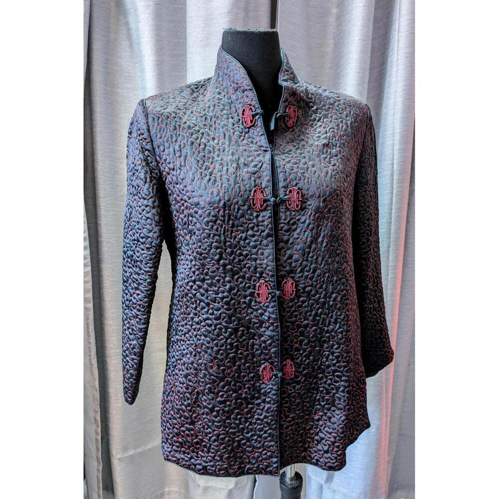 Vintage 1960s Oriental Style Embroidered Silk Jacket Black Red M L Solz Squirrel